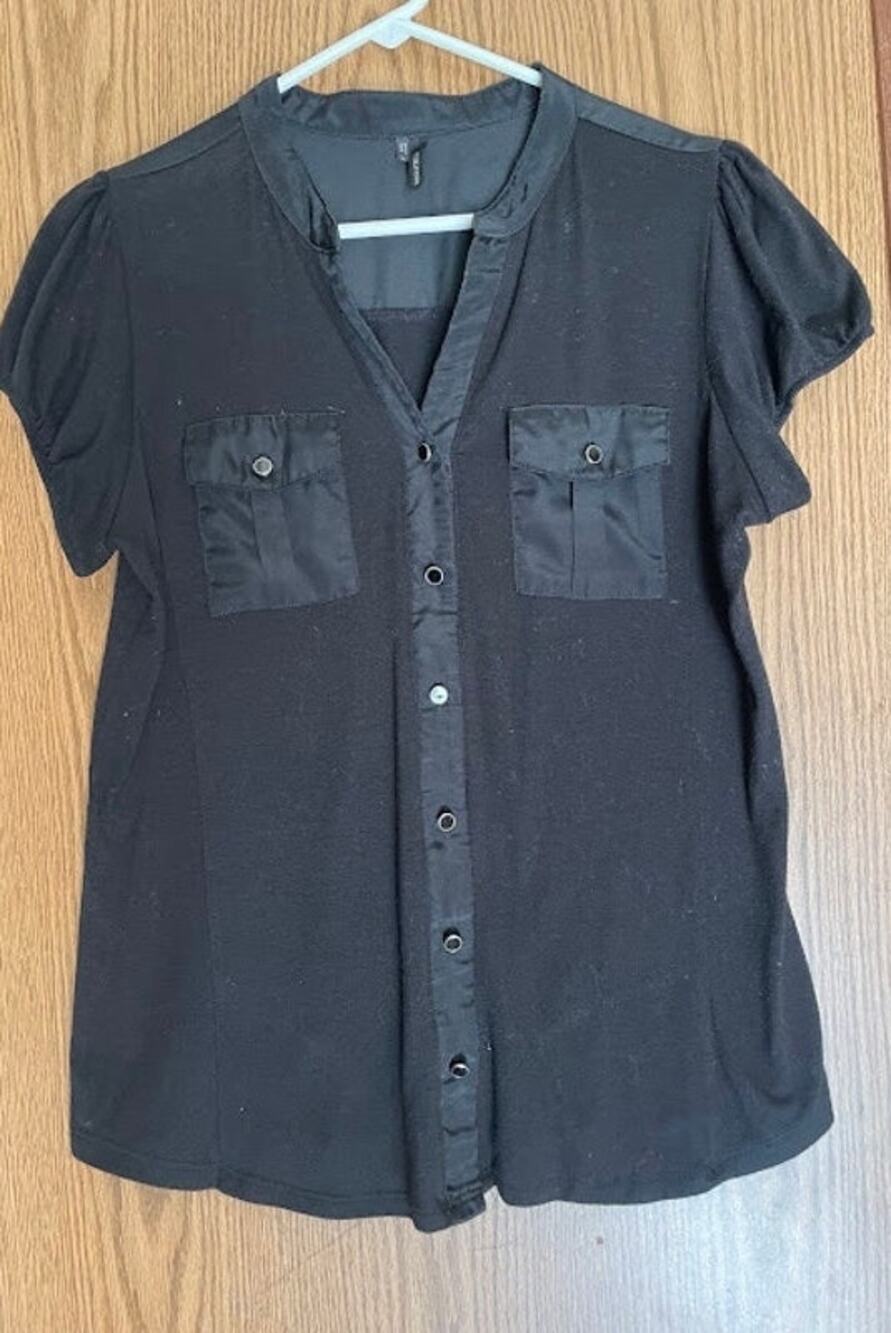 Maurices Black Short Sleeve Button Down Blouse Mixed Media Satin Trim Size